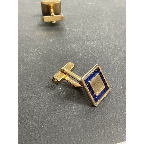 Gold-Tone Square Cufflinks With Blue Enamel Inlay & Toggle Closure - Picture 3 of 3